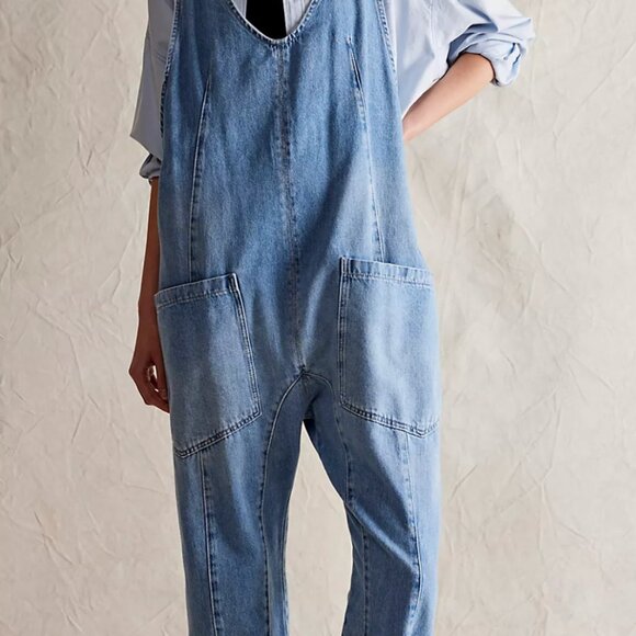 We the Free People High Roller denim jean baggy overalls jumpsuit onesie XS - Picture 12 of 16